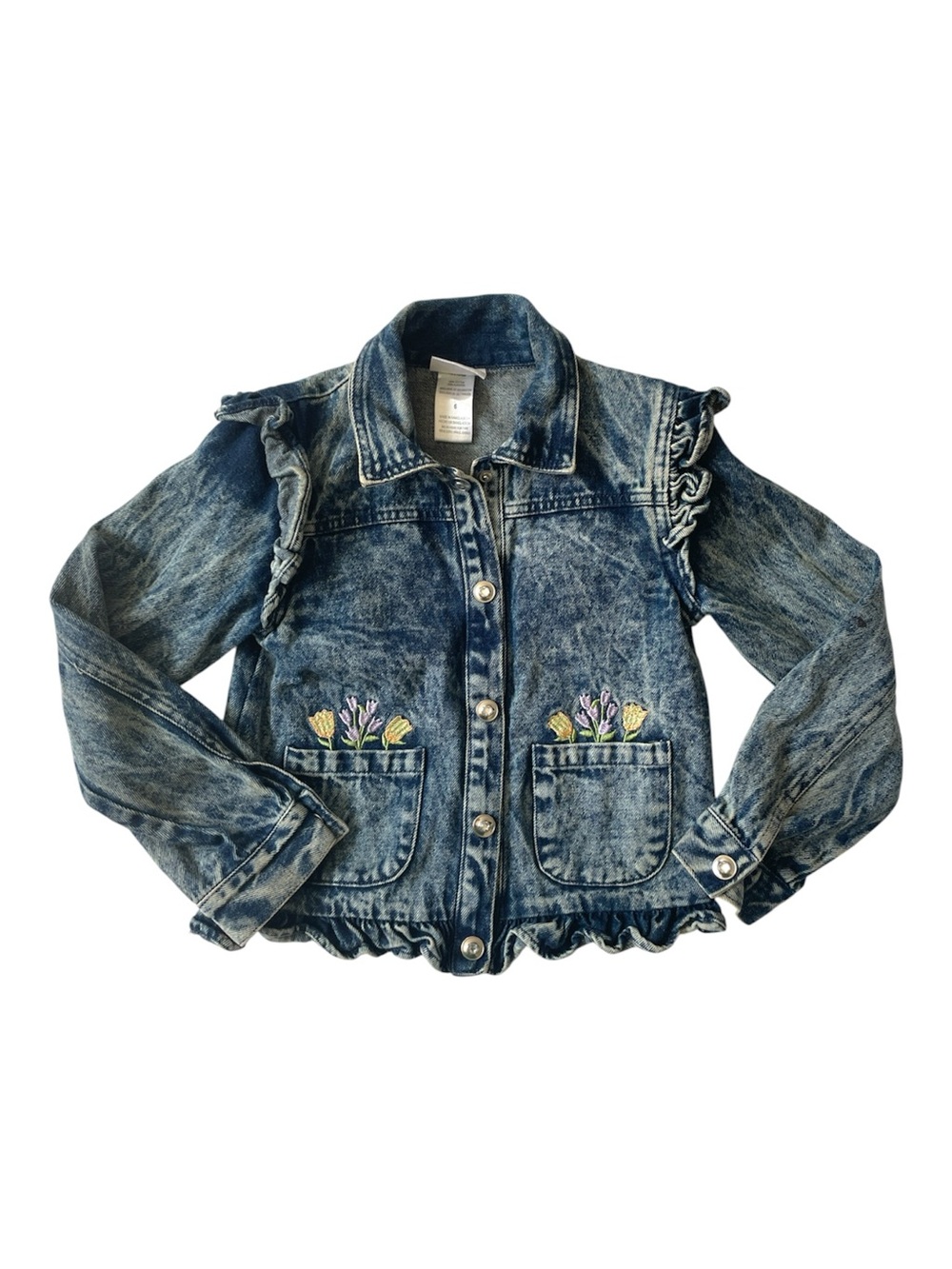 VINTAGE 90s Little Lass Girls Acid Wash Jean Jacket Embroidered Flowers Ruffle